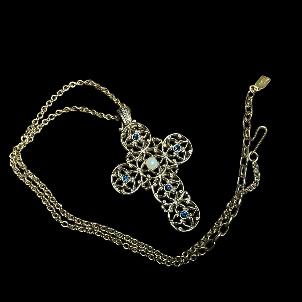 Vintage Filigree Cross Necklace Gold Tone Blue Rhinestones Faux Pearl Pendant